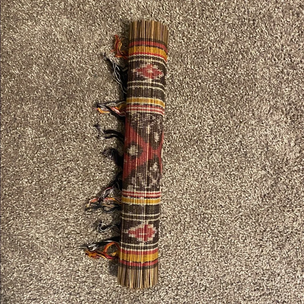 Ethnic Straw Table Runner with Red Mustard Black White Design